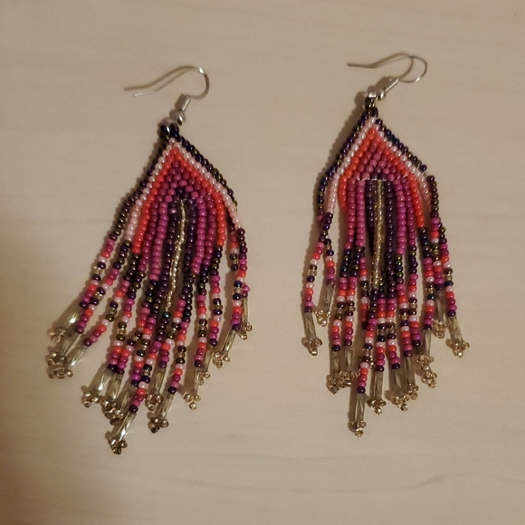 Unknown Jewelry - Beaded Fringe Earrings with Black, Pink, Purple, White, Silver, and Gold Beads